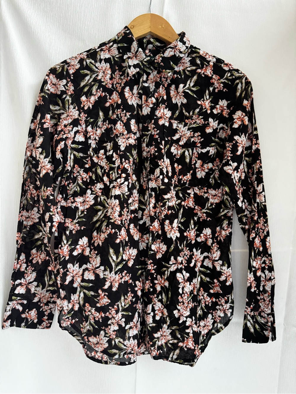 Lauren Ralph Lauren Floral Button Down Shirt Black Long Sleeve Blouse Size M